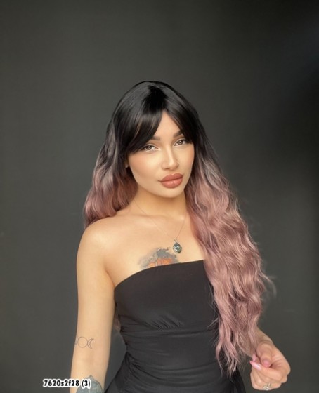 Doğal Su Dalgalı Peruk Uzun Kahküllü Fiber siyah leylak