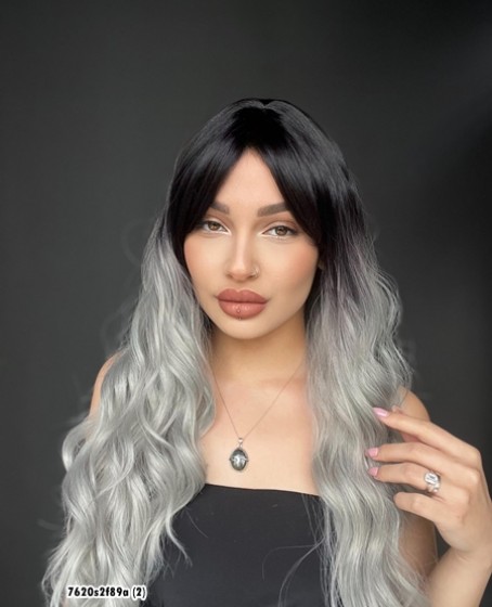 Doğal Su Dalgalı Peruk Uzun Kahküllü Fiber  Siyah Grey
