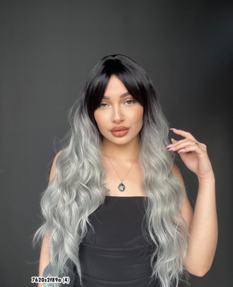 Doğal Su Dalgalı Peruk Uzun Kahküllü Fiber  Siyah Grey
