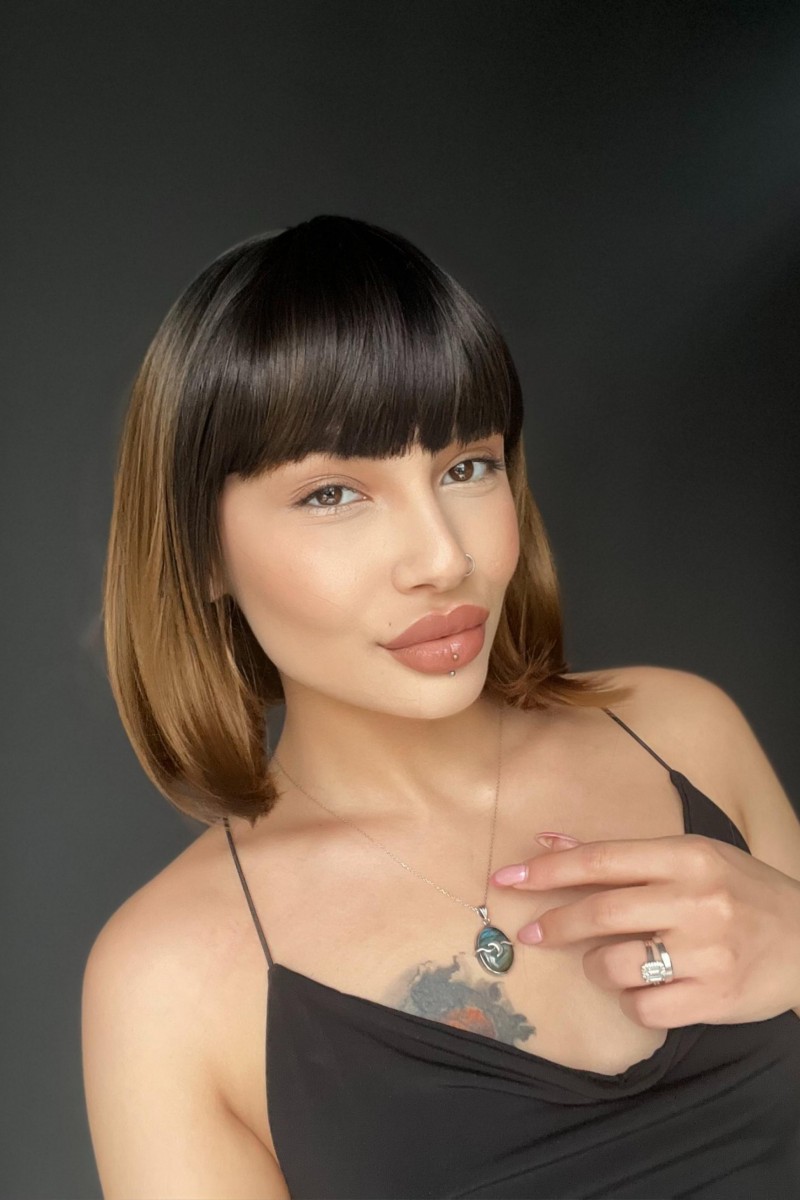 Kısa Küt Perçemli Bob Pedikal Peruk Kanser Kemoterapi uygundur siyah karamel