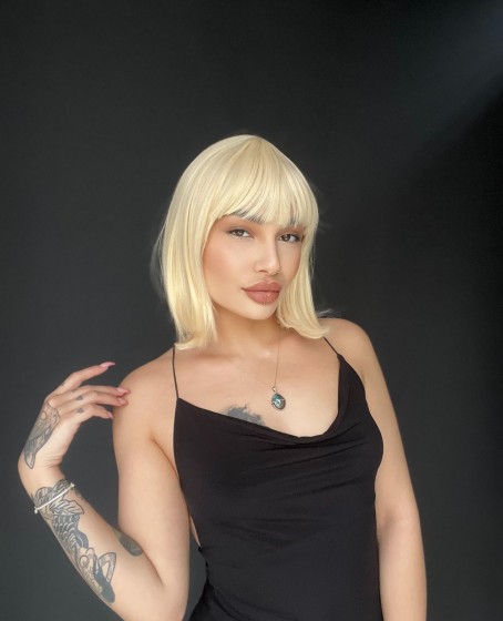 Kısa Küt Perçemli Bob Pedikal Peruk Kanser Kemoterapi uygundur Doğal Sarı