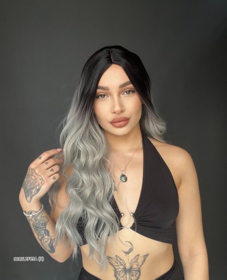 Doğal Su Dalgalı Uzun Perçemsiz Tepe kısmı deri Fiber Peruk Siyah Gri