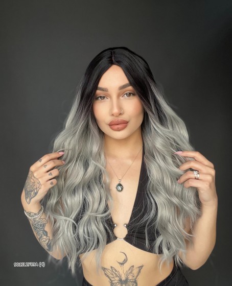 Doğal Su Dalgalı Uzun Perçemsiz Tepe kısmı deri Fiber Peruk Siyah Gri