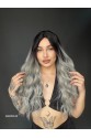 Doğal Su Dalgalı Uzun Perçemsiz Tepe kısmı deri Fiber Peruk Siyah Gri