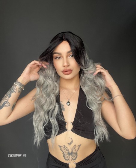 Doğal Su Dalgalı Uzun Perçemsiz Tepe kısmı deri Fiber Peruk Siyah Gri