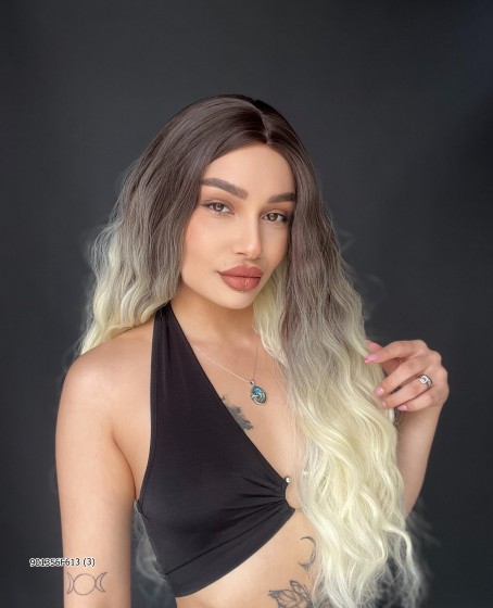 Doğal Su Dalgalı Uzun Perçemsiz Tepe kısmı deri Fiber Peruk Kumral ombreli