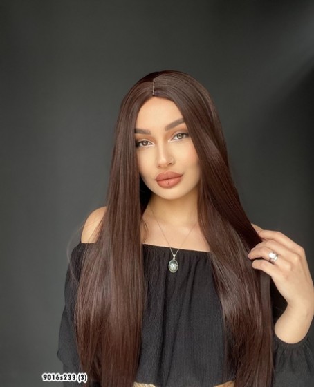 Düz uzun Perçemsiz Cilt görünümlü  Medikal  özel peruk Sıcak Kahve