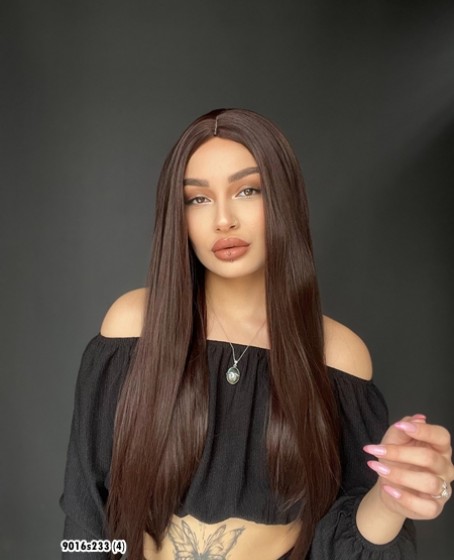 Düz uzun Perçemsiz Cilt görünümlü  Medikal  özel peruk Sıcak Kahve