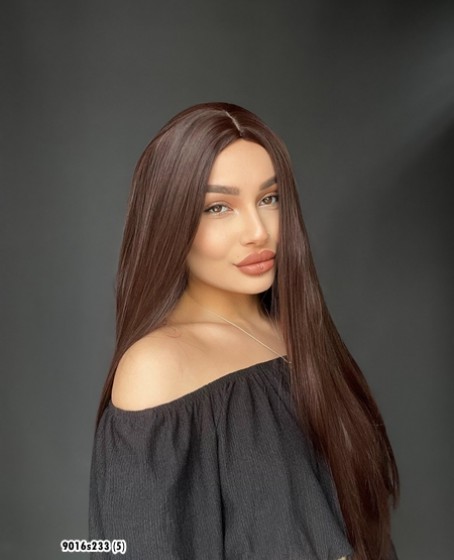 Düz uzun Perçemsiz Cilt görünümlü  Medikal  özel peruk Sıcak Kahve