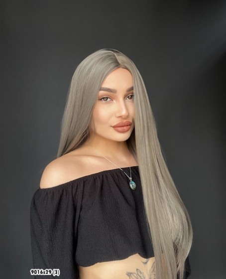 Düz uzun Perçemsiz Cilt görünümlü  Medikal  özel peruk Koyu Gri