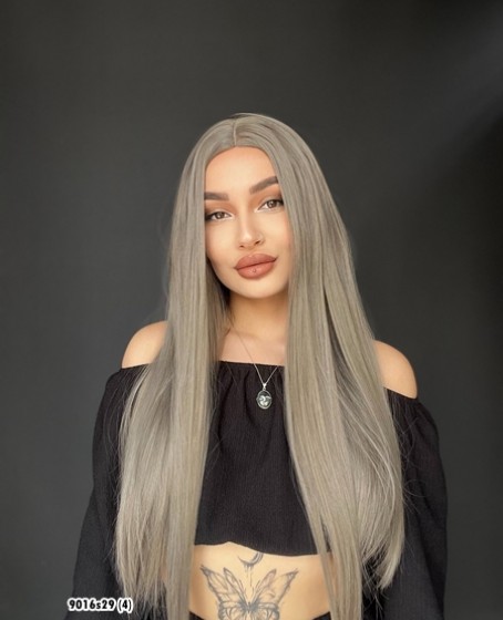 Düz uzun Perçemsiz Cilt görünümlü  Medikal  özel peruk Koyu Gri