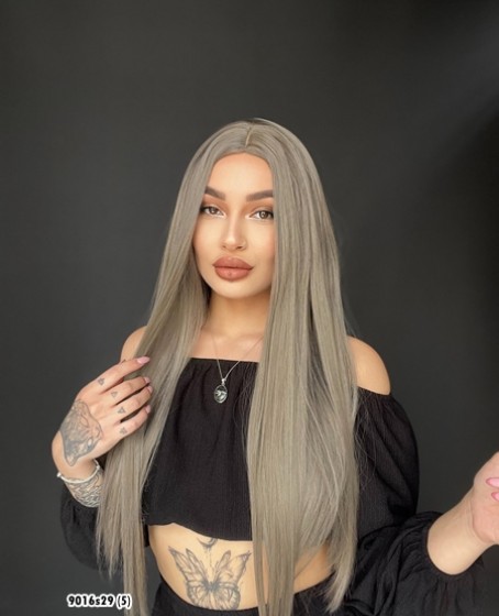 Düz uzun Perçemsiz Cilt görünümlü  Medikal  özel peruk Koyu Gri