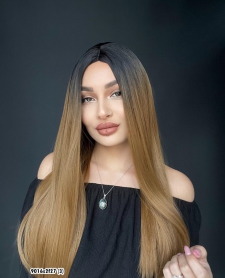 Düz uzun Perçemsiz Cilt görünümlü  Medikal  özel peruk Siyah Karamel