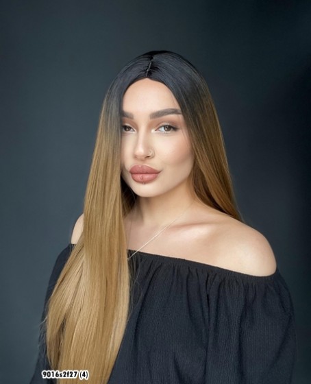 Düz uzun Perçemsiz Cilt görünümlü  Medikal  özel peruk Siyah Karamel