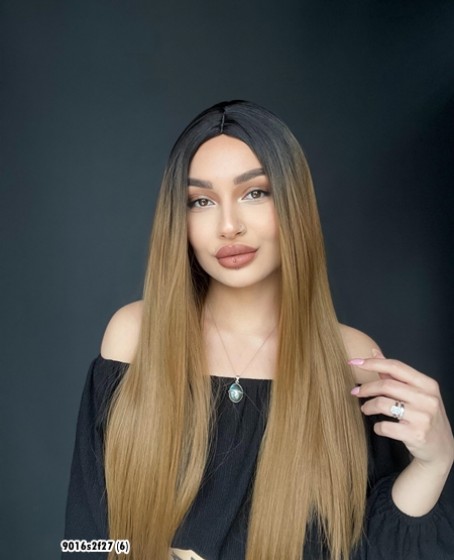 Düz uzun Perçemsiz Cilt görünümlü  Medikal  özel peruk Siyah Karamel