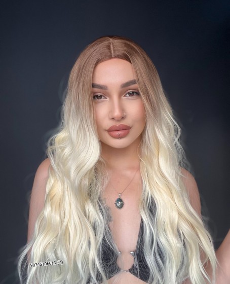 Doğal Su Dalgalı Peruk Uzun Perçemsiz Tepe kısmı deri Fiber Kahve Ombreli