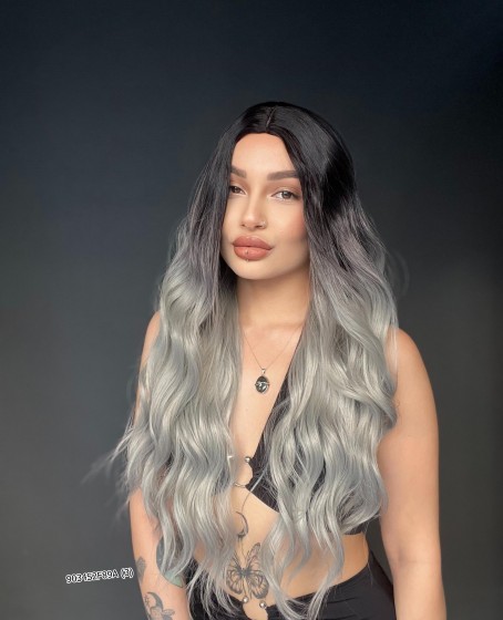 Doğal Su Dalgalı Peruk Uzun Perçemsiz Tepe kısmı deri Fiber Siyah Gri