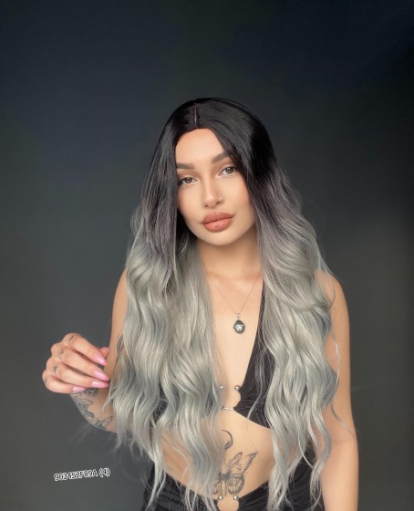 Doğal Su Dalgalı Peruk Uzun Perçemsiz Tepe kısmı deri Fiber Siyah Gri