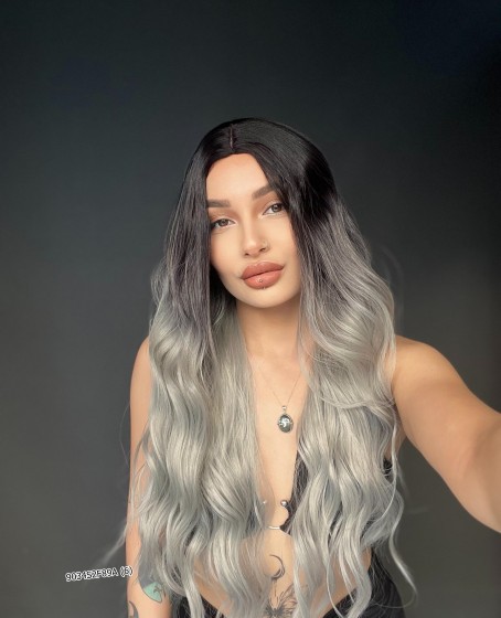 Doğal Su Dalgalı Peruk Uzun Perçemsiz Tepe kısmı deri Fiber Siyah Gri