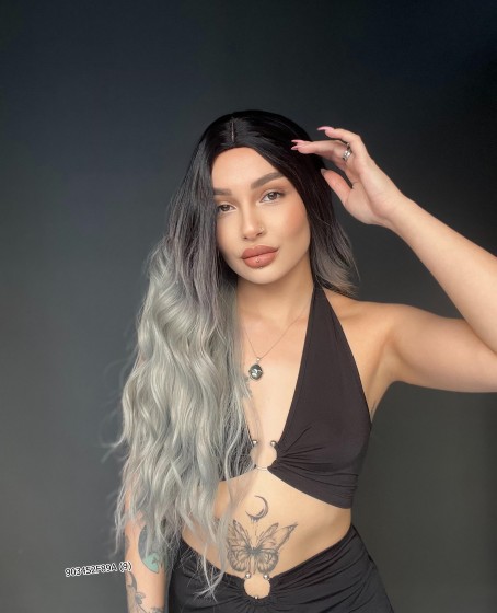 Doğal Su Dalgalı Peruk Uzun Perçemsiz Tepe kısmı deri Fiber Siyah Gri