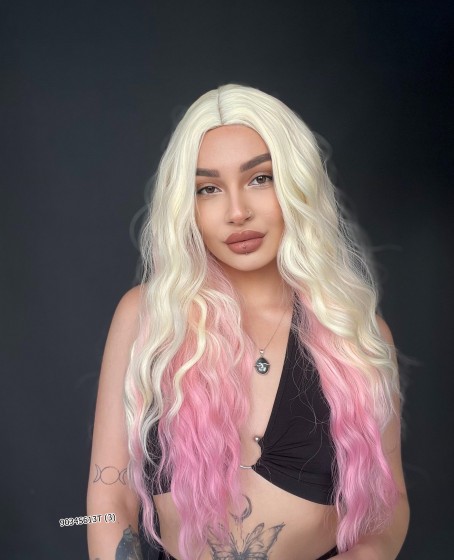 Doğal Su Dalgalı Peruk Uzun Perçemsiz Tepe kısmı deri Fiber Pembe Ombreli