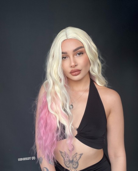 Doğal Su Dalgalı Peruk Uzun Perçemsiz Tepe kısmı deri Fiber Pembe Ombreli