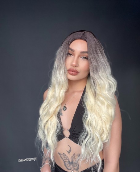 Doğal Su Dalgalı Peruk Uzun Perçemsiz Tepe kısmı deri Fiber Kumral ombreli