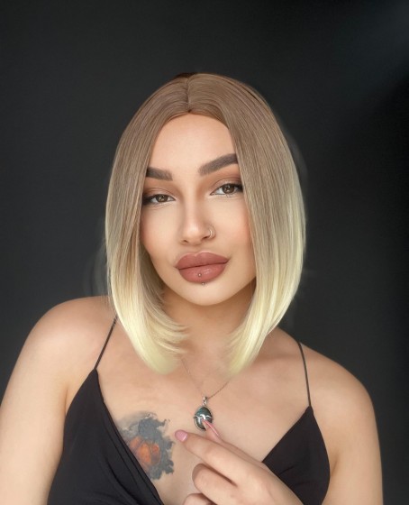 Perçemsiz Bob Kesim Tepe Kısmı cilt görünümlü Medikal Peruk 10613