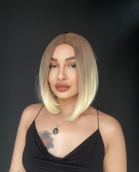 Perçemsiz Bob Kesim Tepe Kısmı cilt görünümlü Medikal Peruk 10613