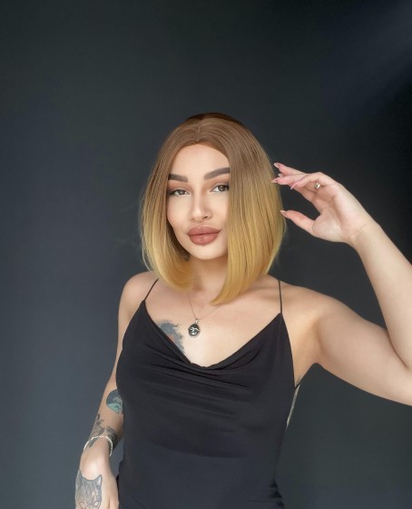 Perçemsiz Bob Kesim Tepe Kısmı cilt görünümlü Medikal Peruk Özel seri ombre