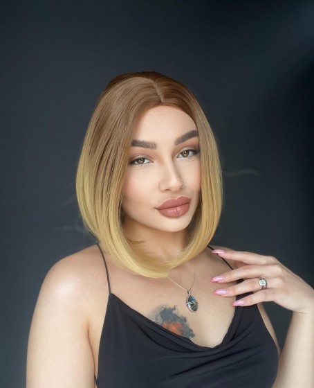 Perçemsiz Bob Kesim Tepe Kısmı cilt görünümlü Medikal Peruk Özel seri ombre