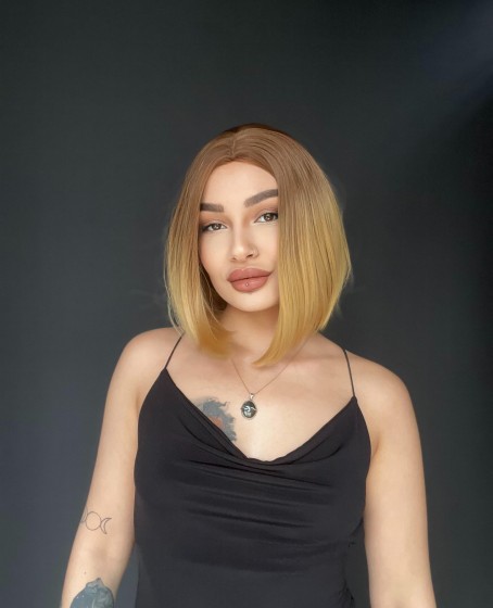 Perçemsiz Bob Kesim Tepe Kısmı cilt görünümlü Medikal Peruk Özel seri ombre