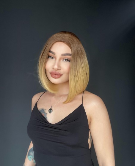 Perçemsiz Bob Kesim Tepe Kısmı cilt görünümlü Medikal Peruk Özel seri ombre