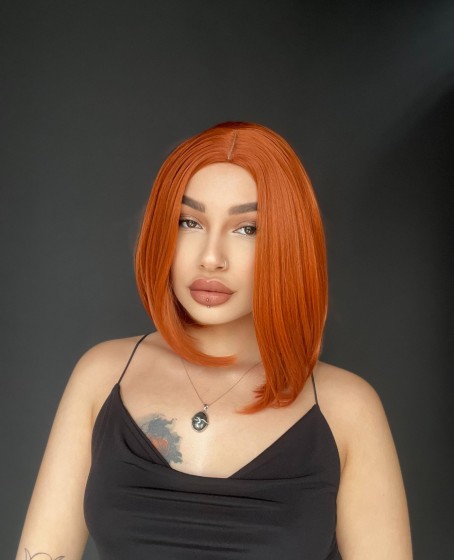 Perçemsiz Bob Kesim Tepe Kısmı cilt görünümlü Medikal Peruk Bakır