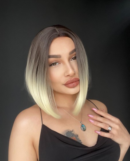 Perçemsiz Bob Kesim Tepe Kısmı cilt görünümlü Medikal Peruk kumral Platin