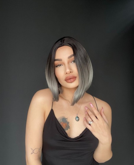 Perçemsiz Bob Kesim Tepe Kısmı cilt görünümlü Medikal Peruk Siyah Gri