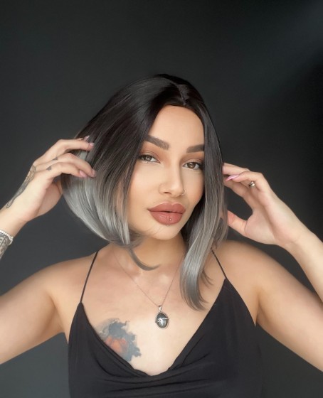 Perçemsiz Bob Kesim Tepe Kısmı cilt görünümlü Medikal Peruk Siyah Gri