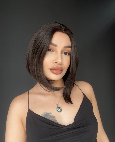 Perçemsiz Bob Kesim Tepe Kısmı cilt görünümlü Medikal Peruk Kestane