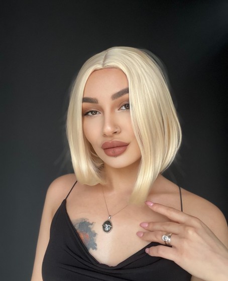 Perçemsiz Bob Kesim Tepe Kısmı cilt görünümlü Medikal Peruk Platin Sarı