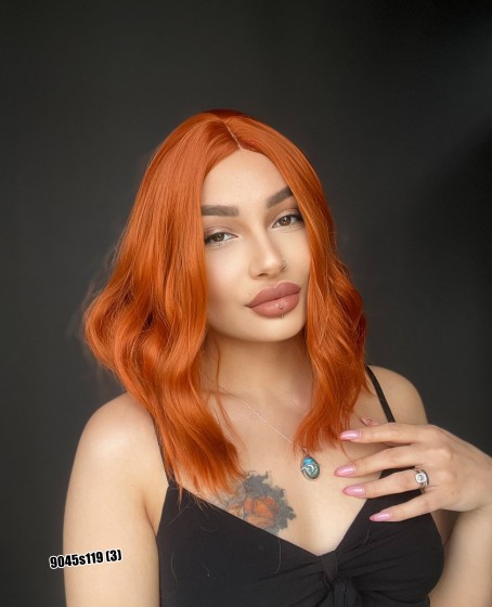 Bob Kesim Dalgalı Tepe Cilt deri görünümlü Medikal peruk perçemsiz Bakır