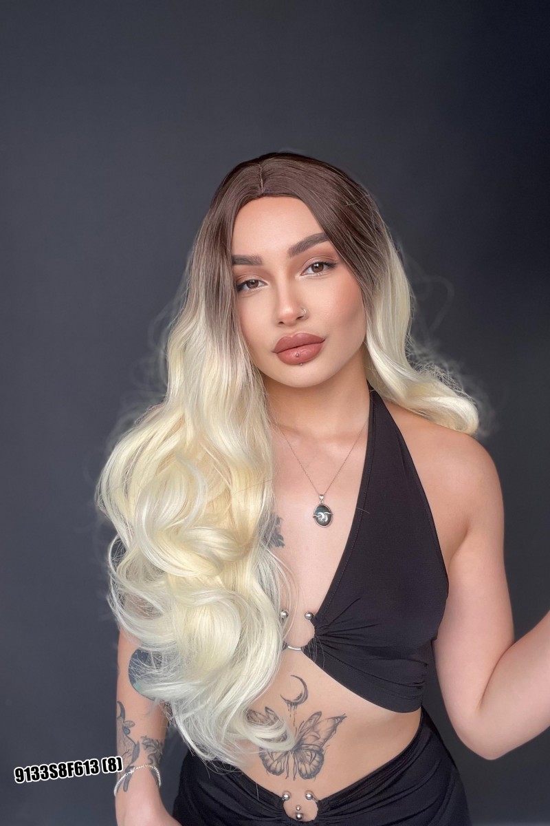 Maşa Dalgalı Fiber Sentetik Uzun Perçemsiz Peruk Kumral ombreli