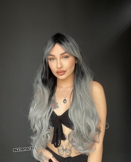 Ekstra Uzun Dalgalı Perçemli Medikal Fiber Peruk Siyah Gri msn