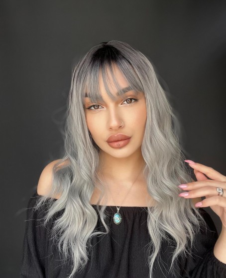 Okyanus Dalgası Perçemli Medikal Peruk perçemli fiber Siyah Gri