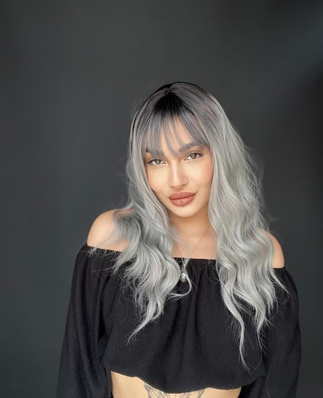 Okyanus Dalgası Perçemli Medikal Peruk perçemli fiber Siyah Gri