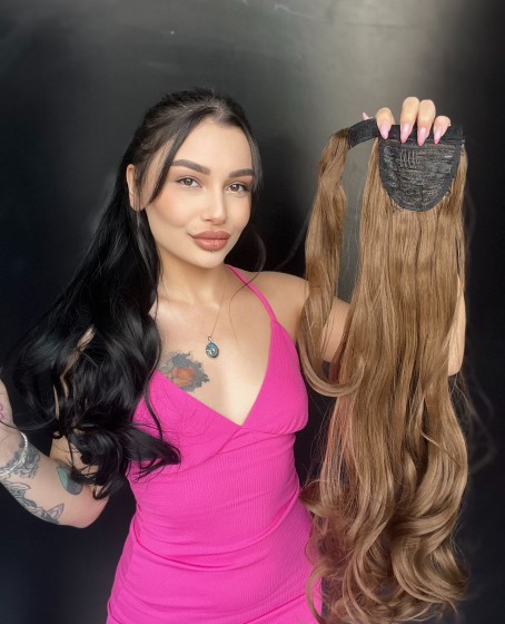 70 cm Bağlamalı Kabarık Dalgalı At Kuyruğu - Açık Kahve