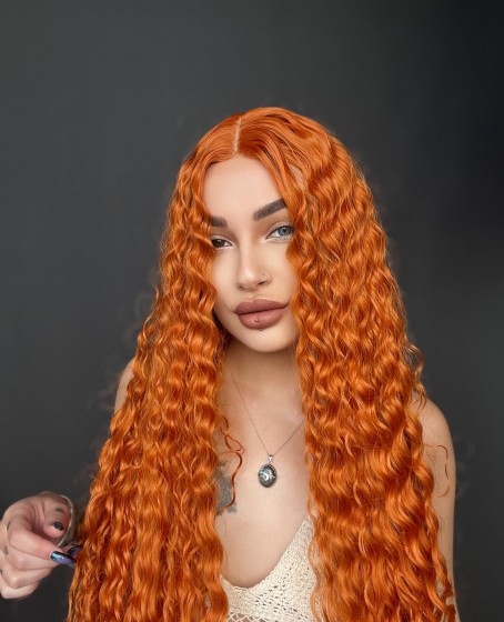 Afro Dalga görünümlü Tül peruk ekstra uzun Bakır