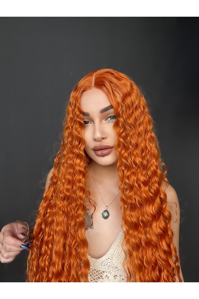 Afro Dalga görünümlü Tül peruk ekstra uzun Bakır Halloween