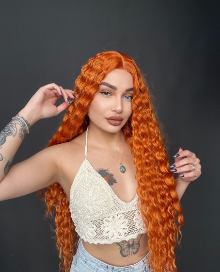 Afro Dalga görünümlü Tül peruk ekstra uzun Bakır