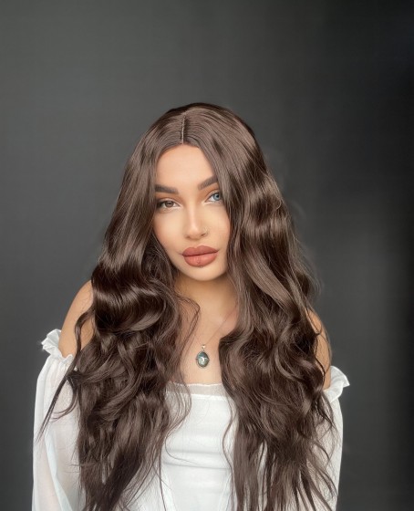 Harika Kumral Kahverengi Dalgalı Tül peruk