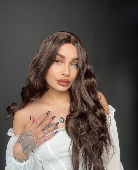 Harika Kumral Kahverengi Dalgalı Tül peruk